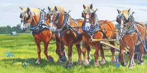 Oil painting by Ellen Lorne — Harvest with Handsome Belgians