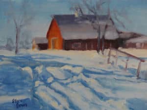 Oil painting by Ellen Lorne — Red Barn and Winter