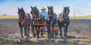 Oil painting by Ellen Lorne — Spring with Black Percherons