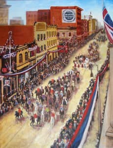 Oil painting by Ellen Lorne — Stampede Parade 1912 — From Above
