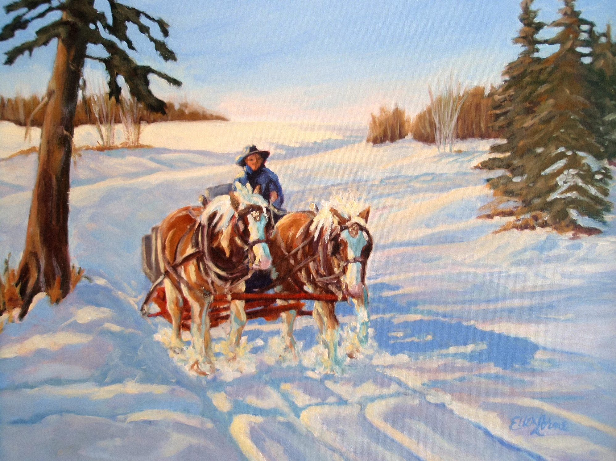Oil painting by Ellen Lorne — Horses and Sleigh