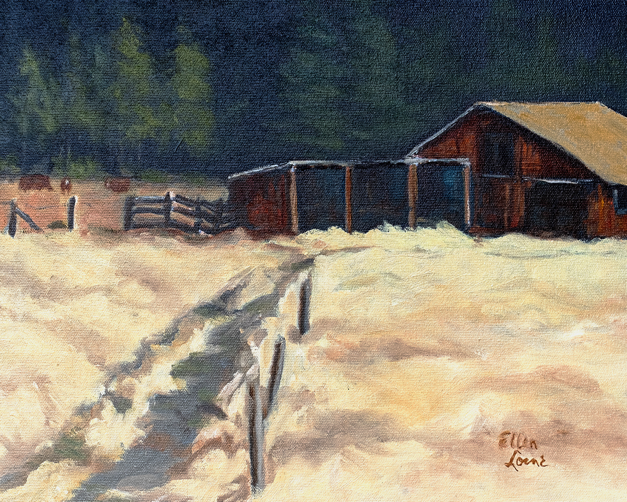 Oil painting by Ellen Lorne — Snowy Barn
