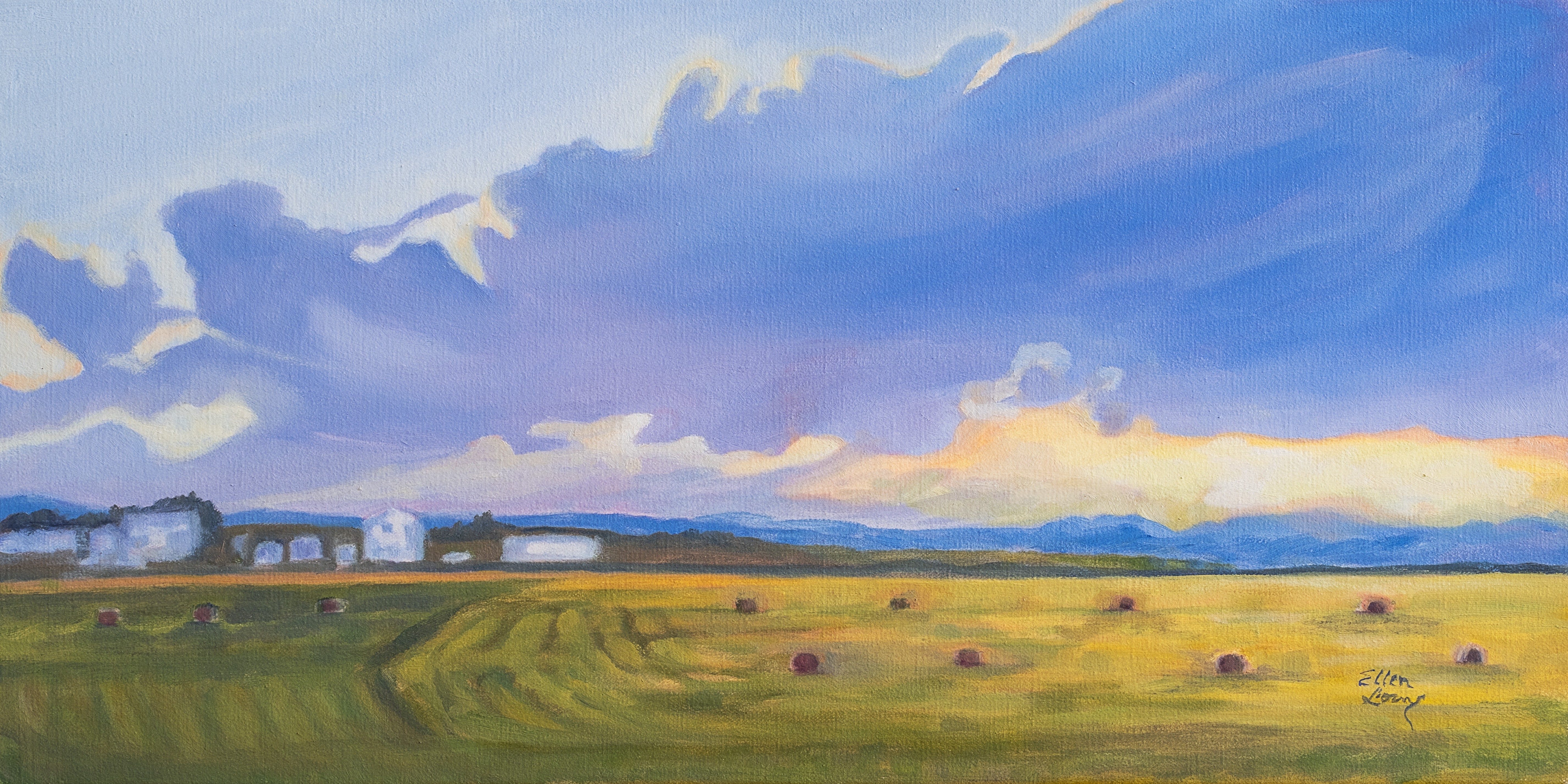 Oil painting of a wide Alberta prairie at sunset, warm golden light across the fields
